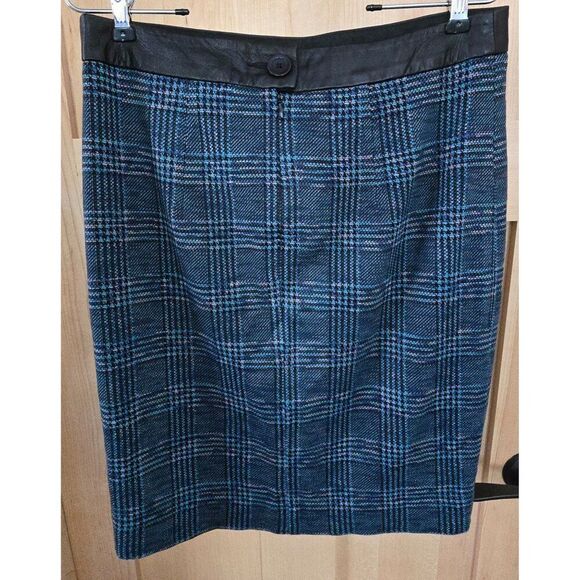 Plaid Pencil Skirt Blue Black Wool & Leather dark Academia teacher whimsygoth - Picture 2 of 10